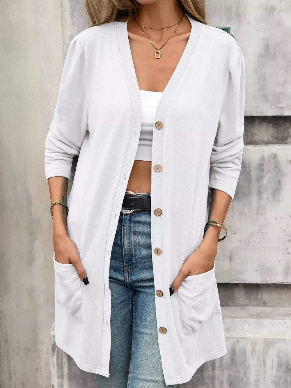 V-Neck Button-Up Long Sleeve Cardigan with Pockets, image 23