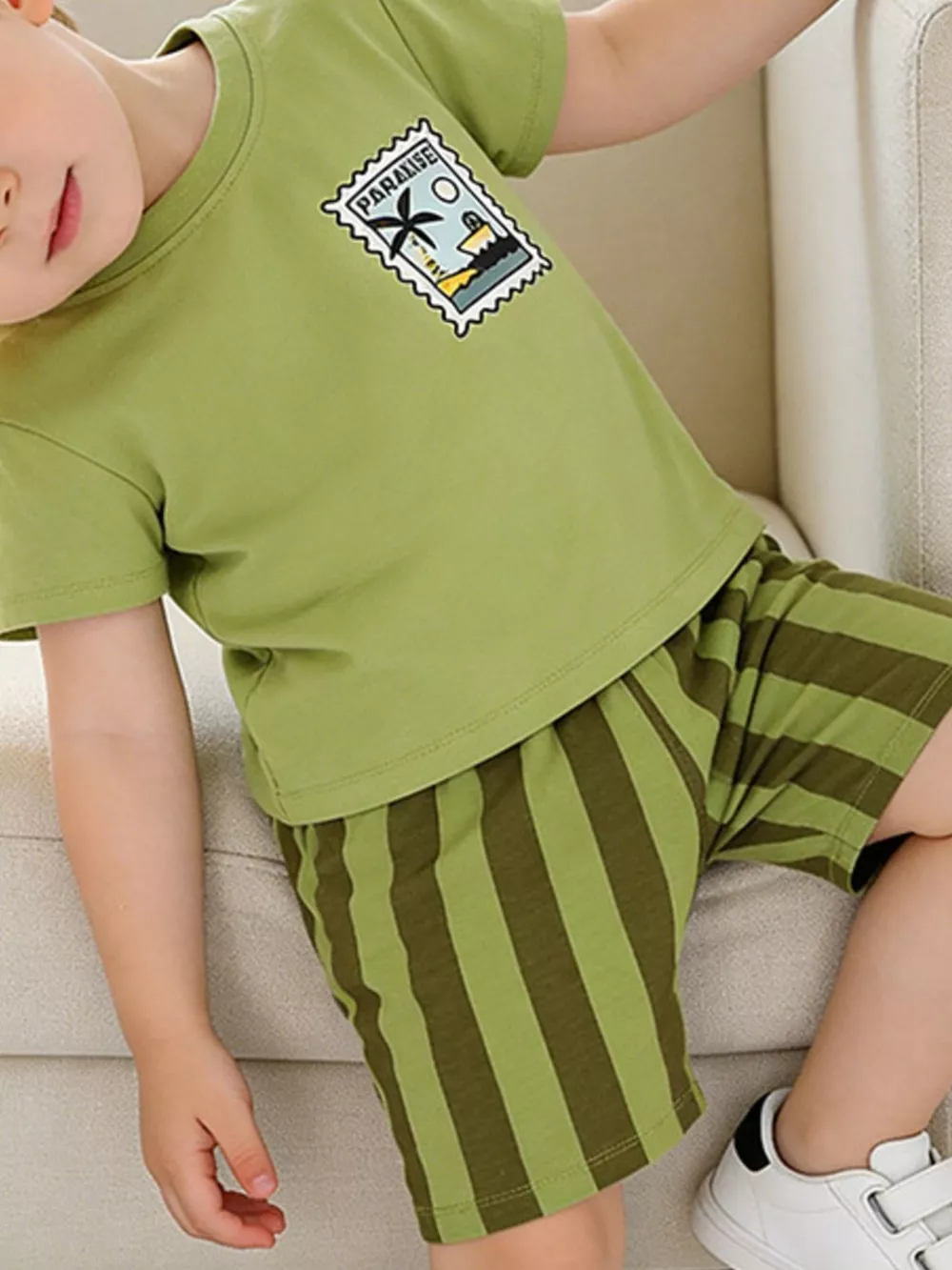 Children's Stamp Graphic Tee & Striped Shorts Set, image 2