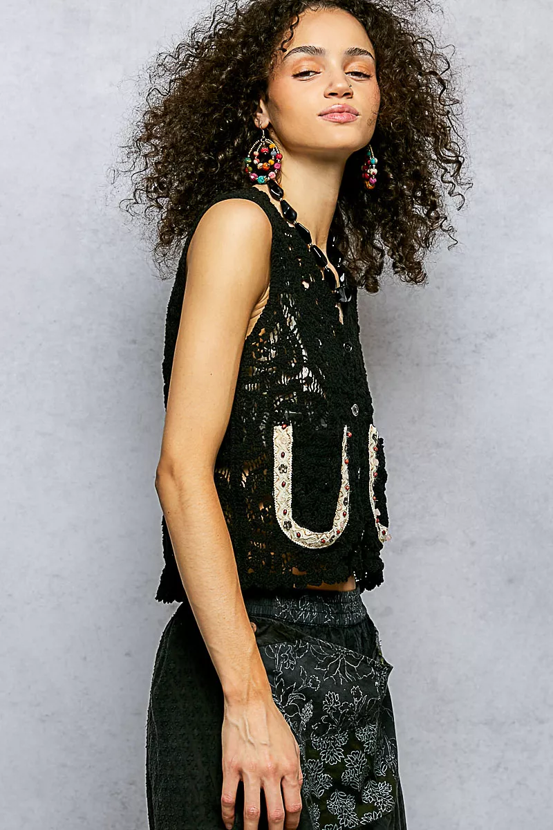 Button Down Cropped Crochet Vest with Scalloped Edge, image 4