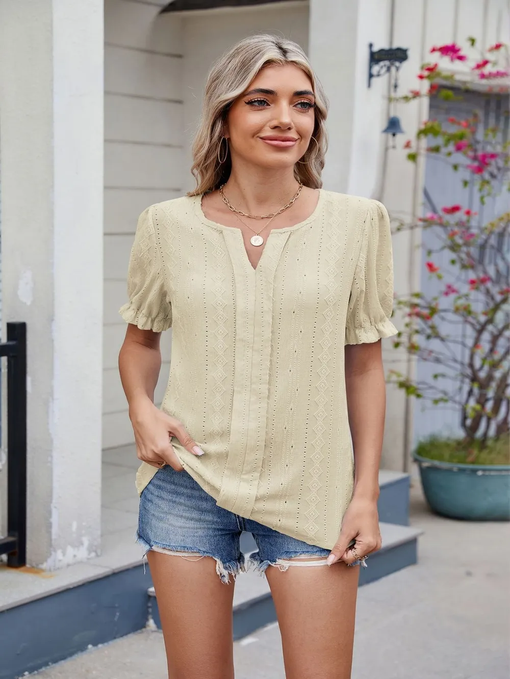 Eyelet Notched Short Sleeve Top, image 12