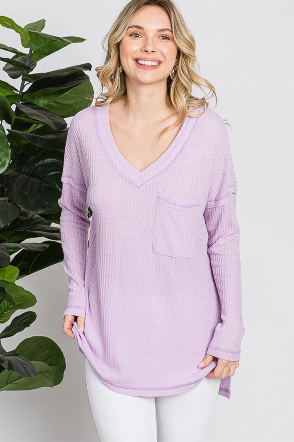 Waffle Knit V-Neck Long Sleeve T-Shirt, image 2