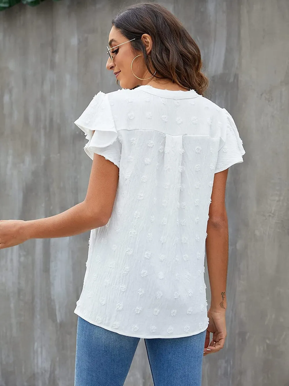 Swiss Dot Notched Flutter Sleeve Blouse, image 13