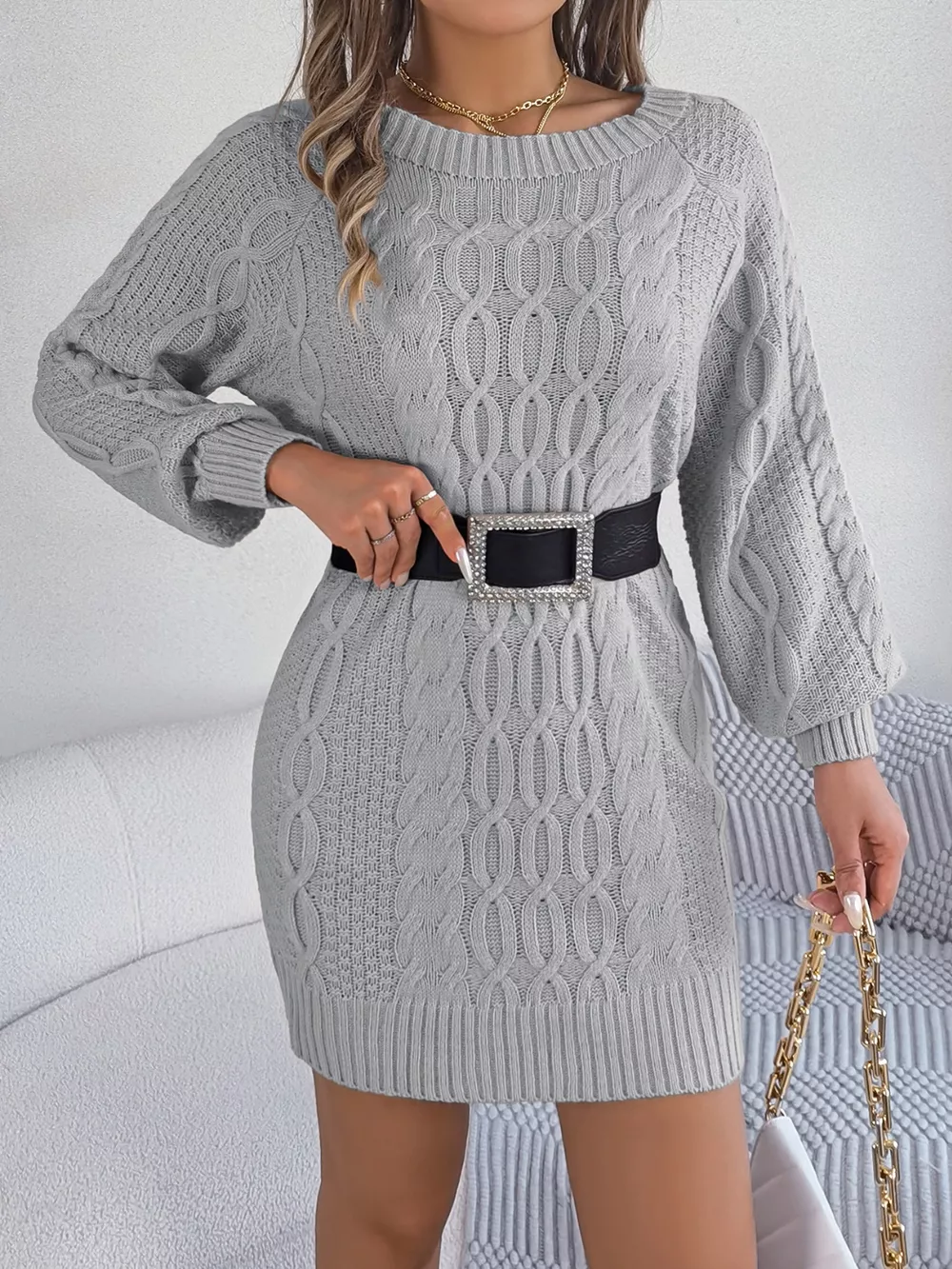 Cable-Knit Round Neck Sweater Dress, image 2