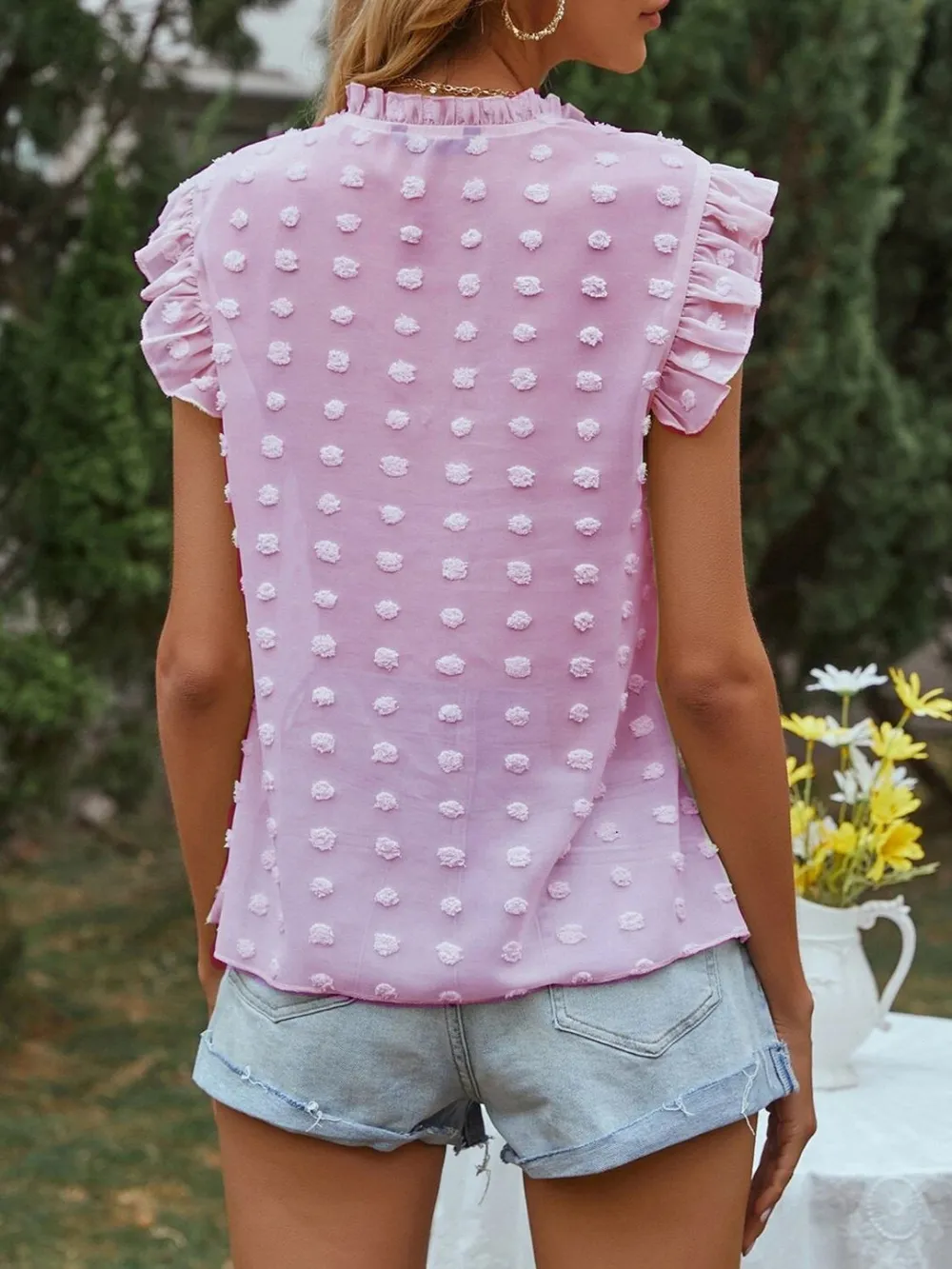 Frill Tie Neck Cap Sleeve Blouse, image 9