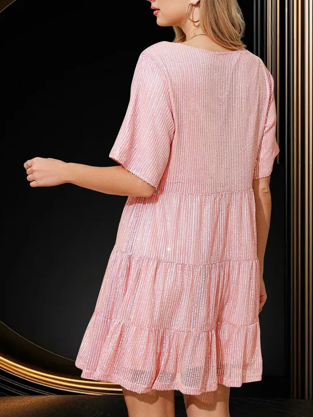Sequin Round Neck Half Sleeve Mini Dress, image 13