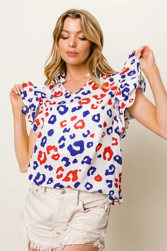 Leopard Notched Ruffled Cap Sleeve Blouse