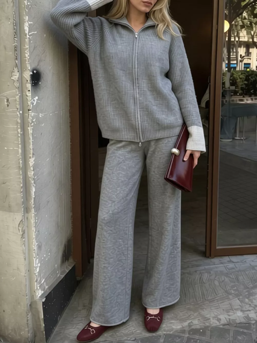 Zip-Up Contrast Cuff Cardigan and Pants Sweater Set, image 9