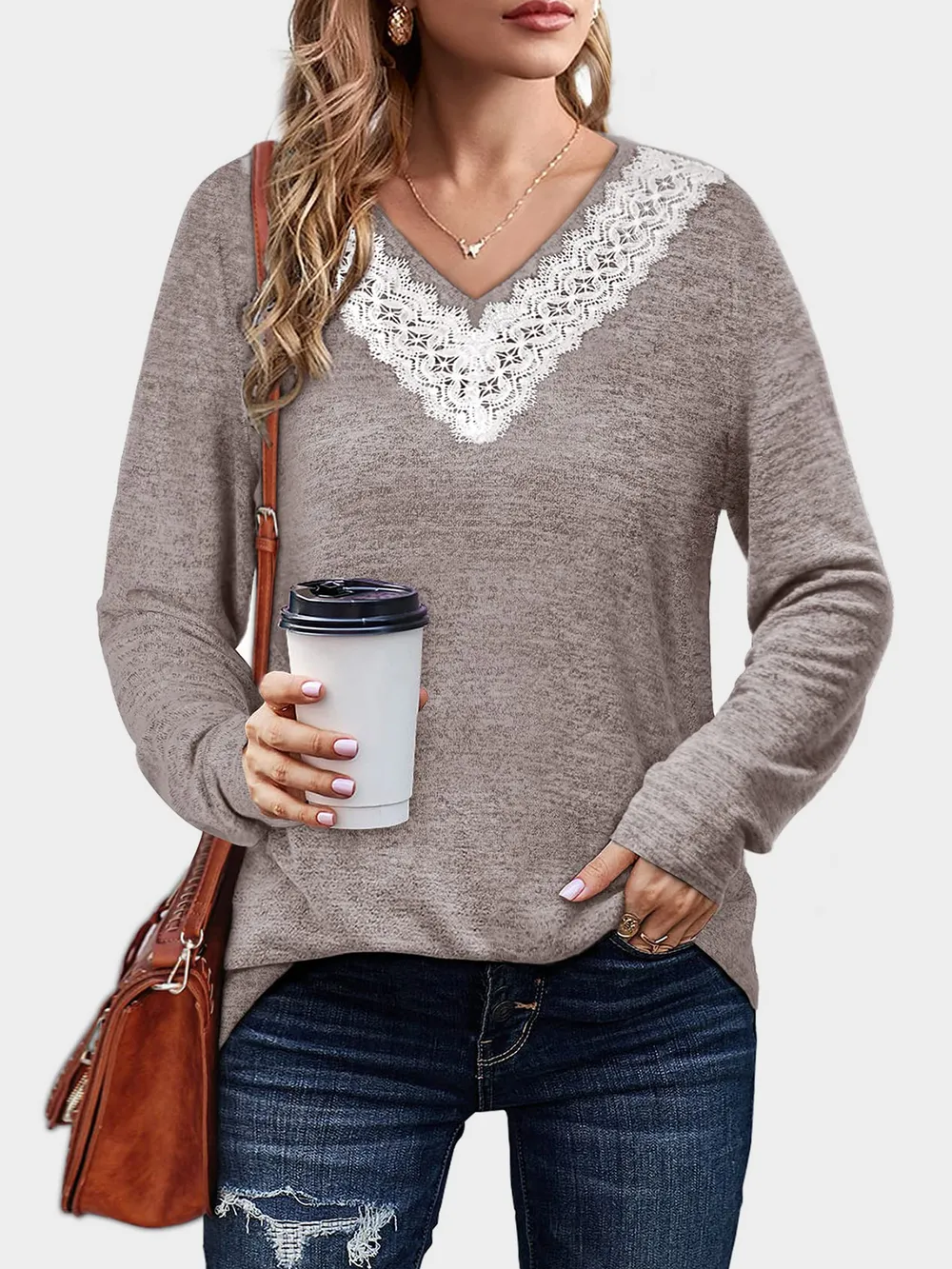 Lace Detail V-Neck Long Sleeve T-Shirt, image 6