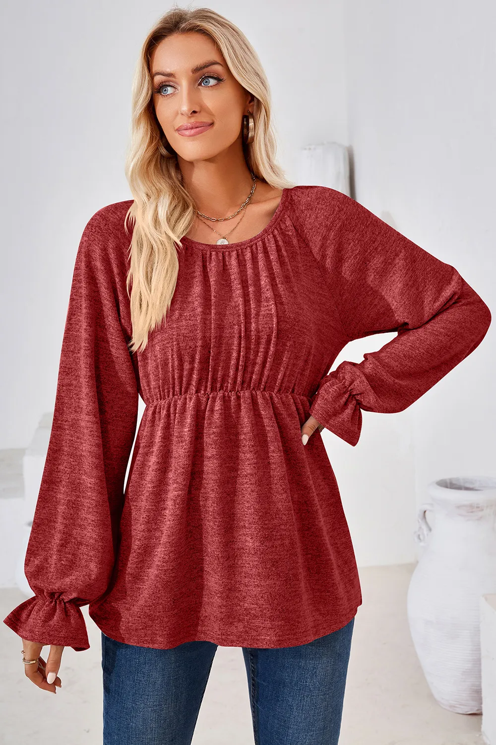 Ruched Round Neck Flounce Sleeve Blouse, image 5