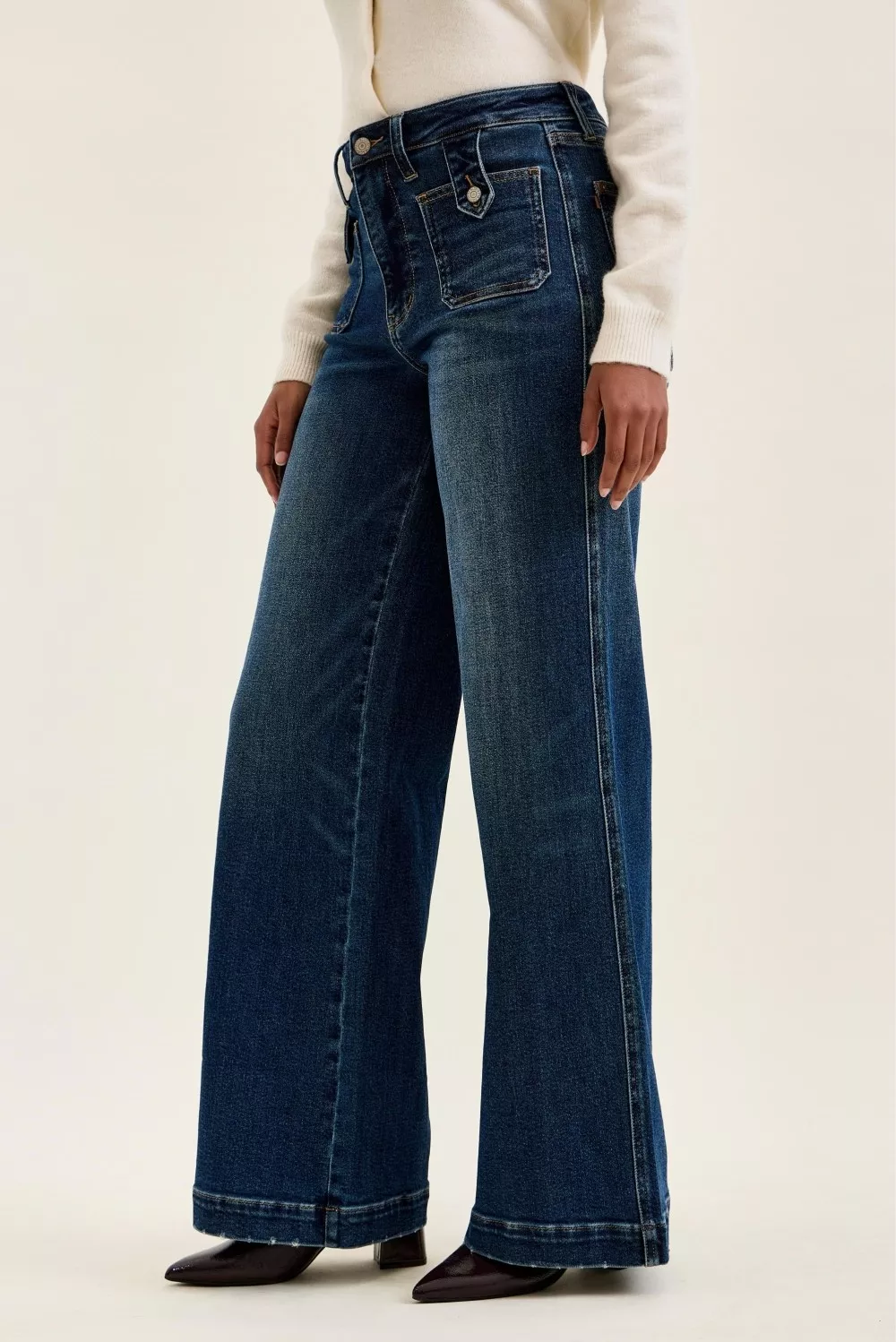 High Waist "lux" Retro Wide Jeans with Front Patch Tab Closure Dk Fade Indigo, image 3