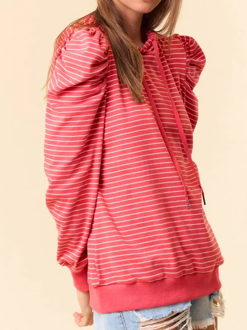 Striped Puff Sleeve Hoodie with Drawstring, image 3