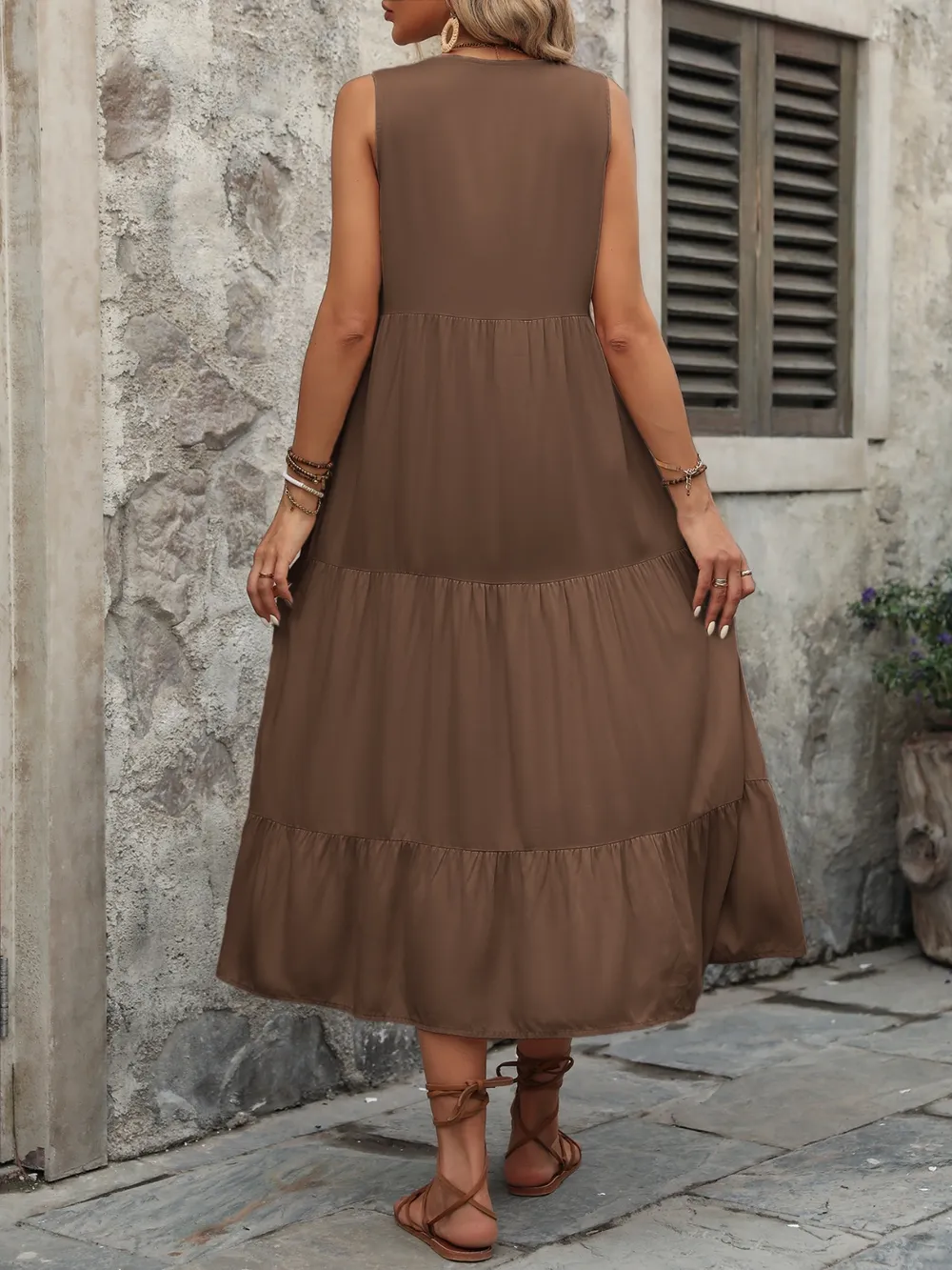 Decorative Button Notched Sleeveless Dress, image 12