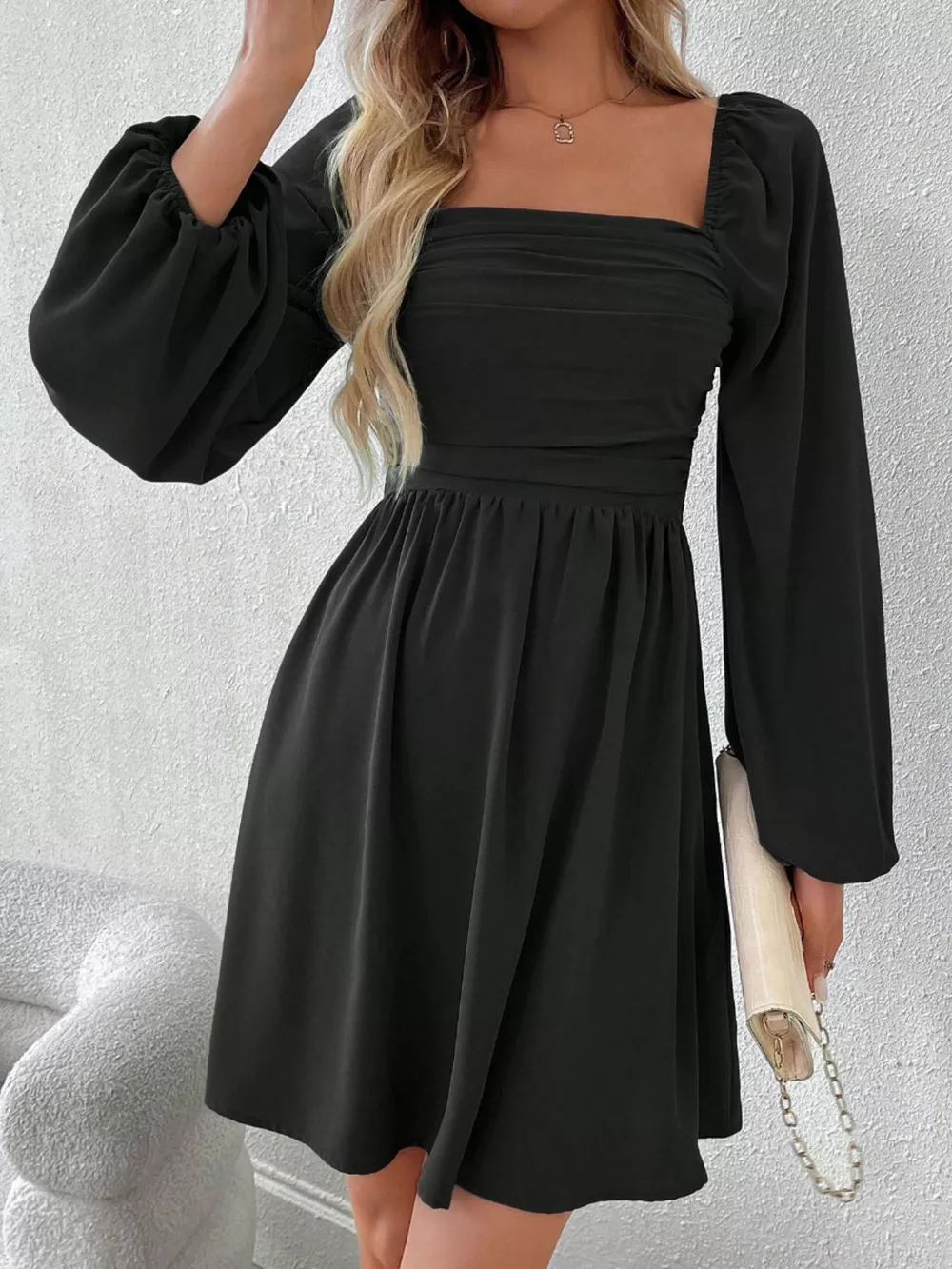 Ruched Square Neck Long Sleeve A-Line Dress, image 3