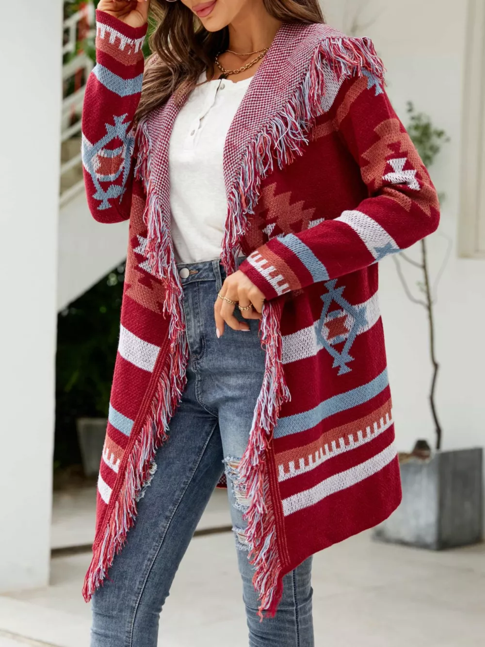 Fringe Geometric Hooded Cardigan, image 2