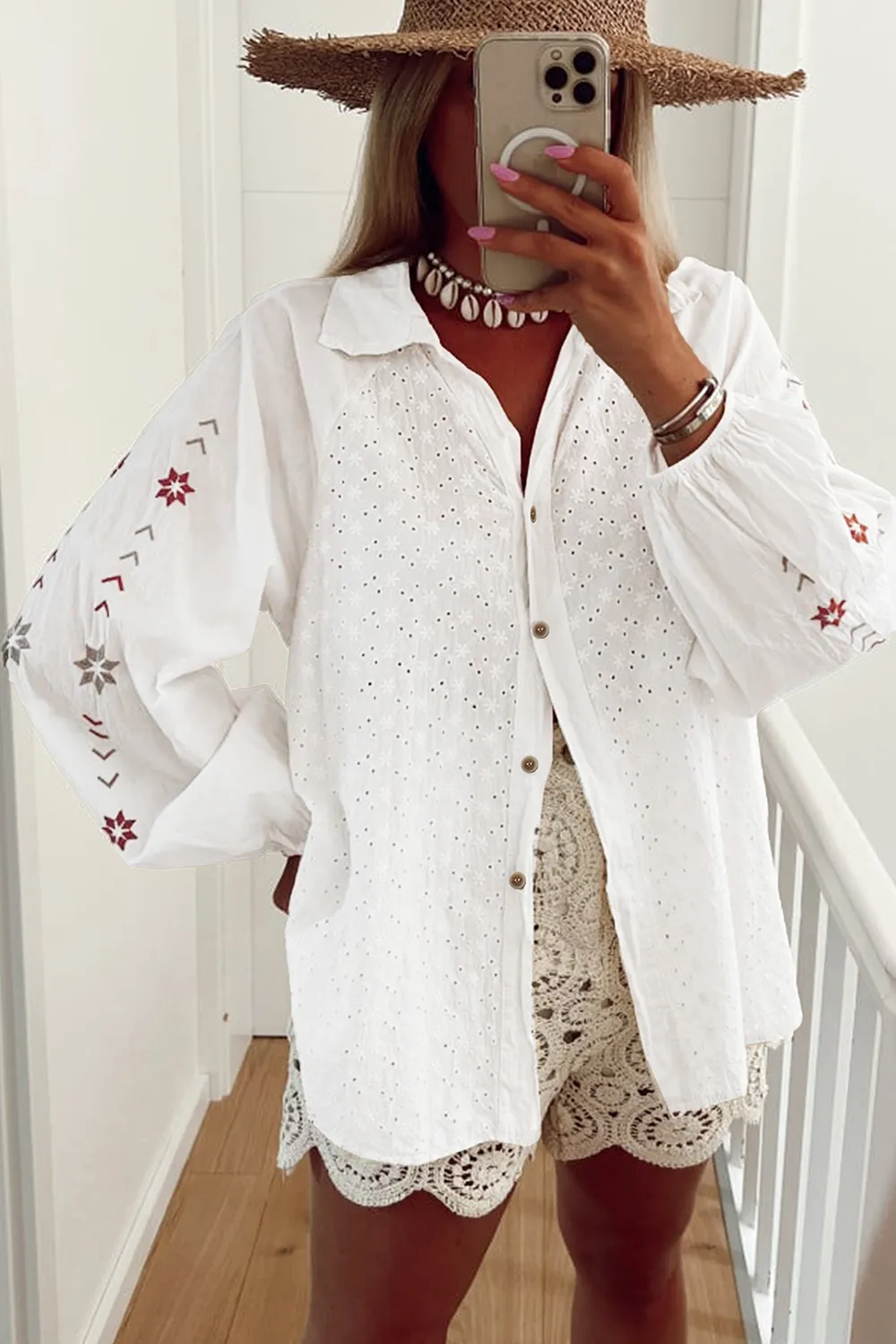 Embroidered Eyelet Collared Neck Long Sleeve Shirt, image 6