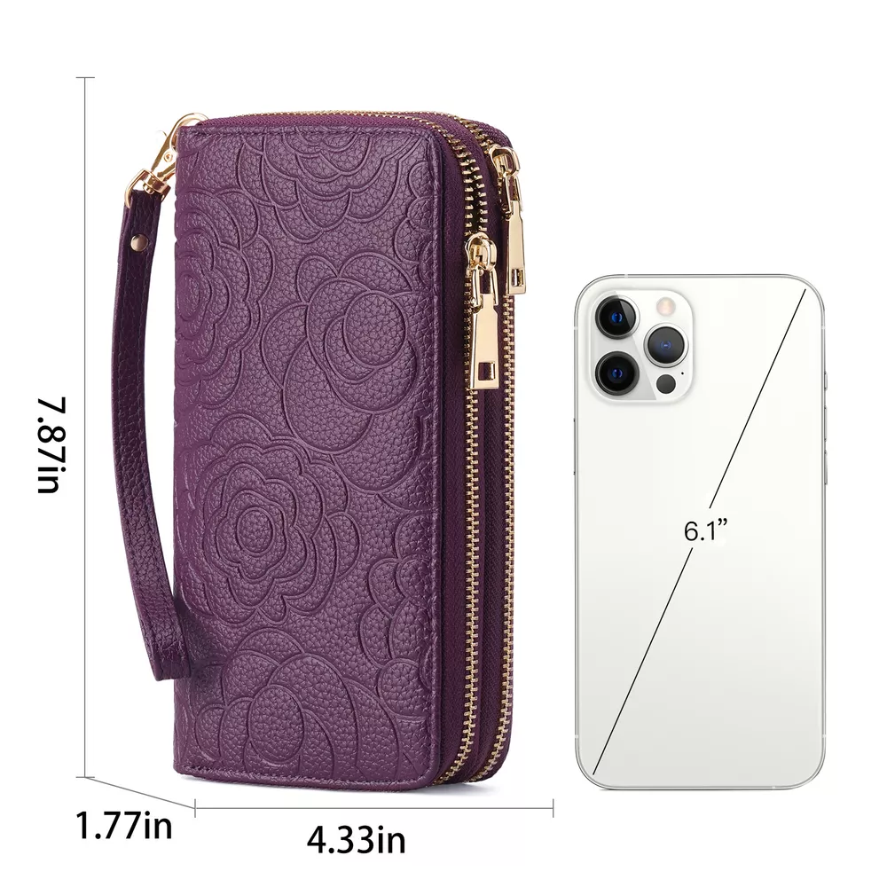 Embossed Floral Pattern Double Zipper Wallet, image 6