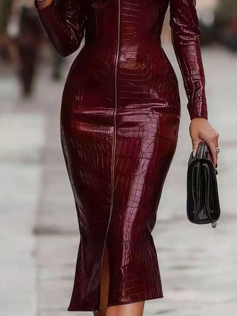 Full Size Crocodile Embossed Zipper Front Bodycon Midi Dress Plus Size, image 2