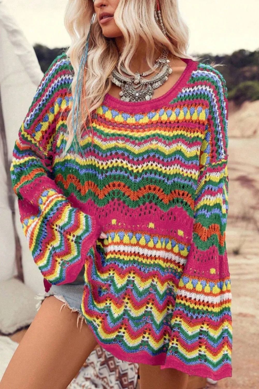 Openwork Contrast Round Neck Flare Sleeve Knit Top, image 10