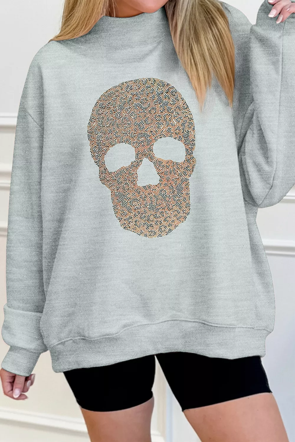 Halloween Rhinestone Skull Graphic Mock Neck Baggy Pullover Sweatshirt, image 4