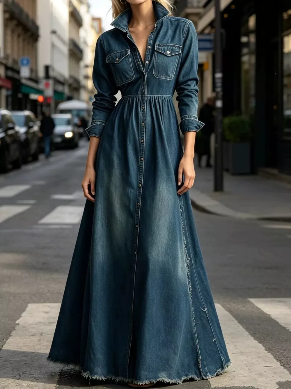 Raw Hem Long-Sleeve Denim Maxi Dress, image 2