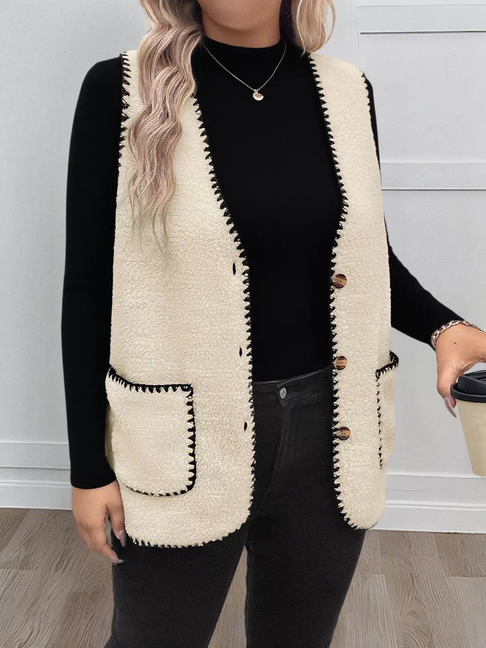 Plus Size Contrast Trim Button Up Vest Coat, image 2