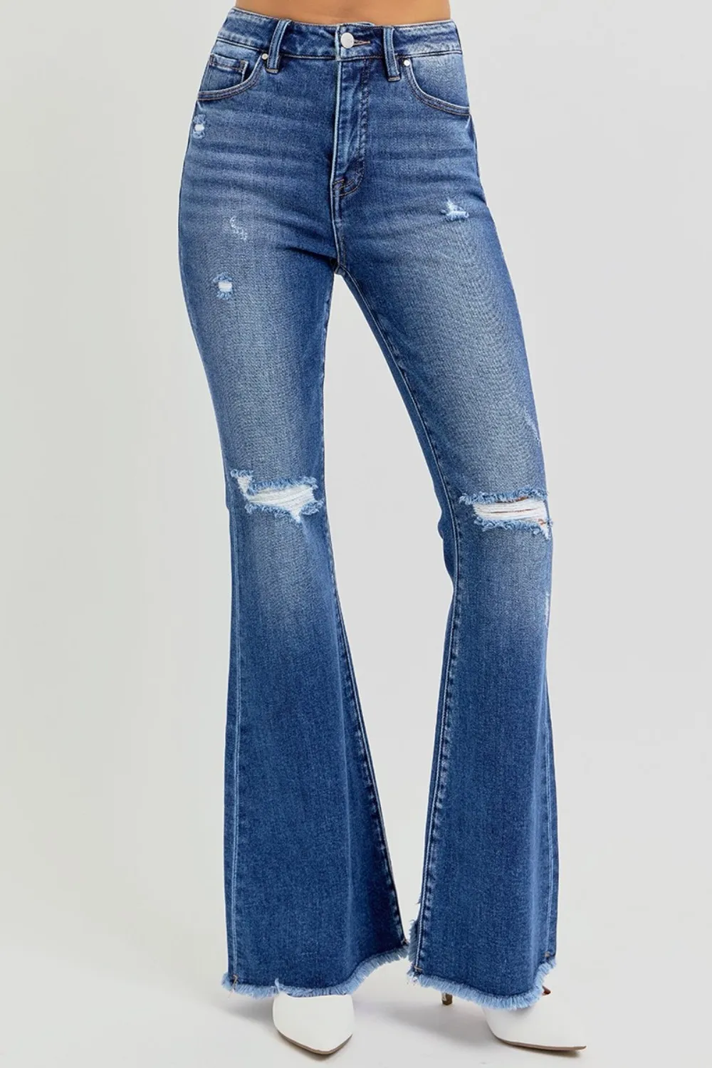 Full Size High Rise Distressed Raw Hem Flare Jeans, image 3