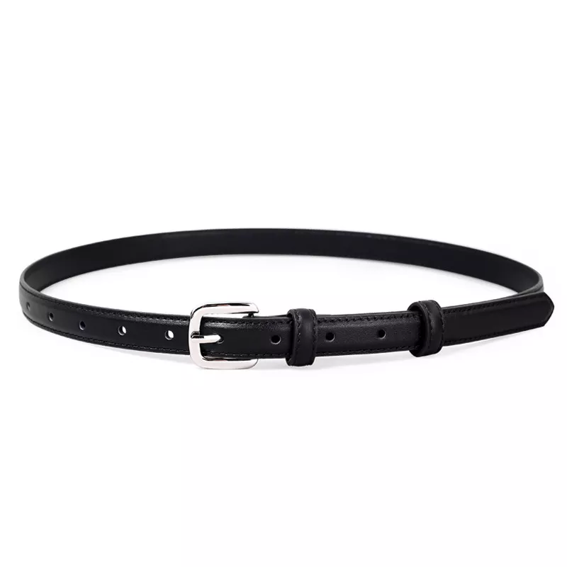 Classic Leather Skinny Belt with Silver Buckle, image 2