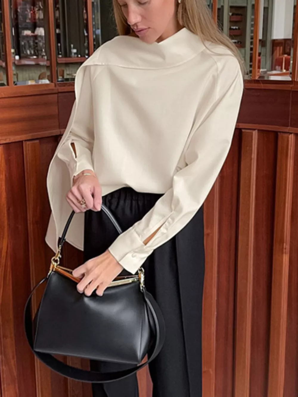 Asymmetrical High Collar Long Sleeve Blouse, image 3