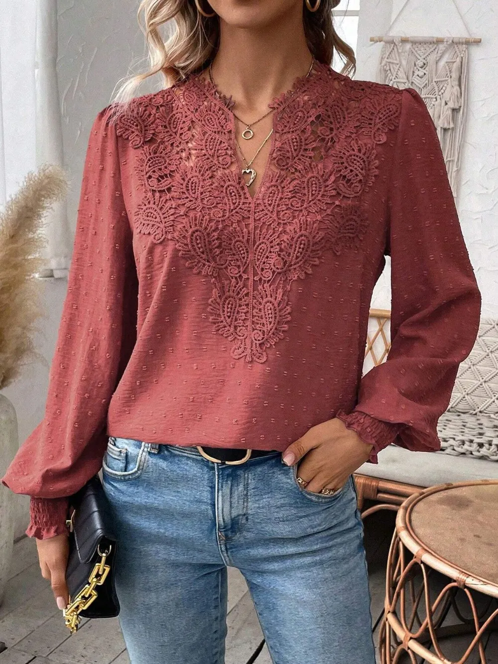 Swiss Dot Lace Detail Notched Long Sleeve Blouse, image 13