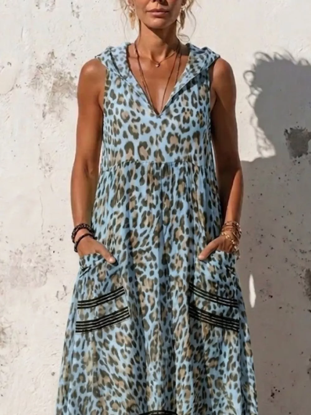 Full Size Sleeveless Hooded Leopard Print Maxi Dress with Pockets Plus Size, image 2