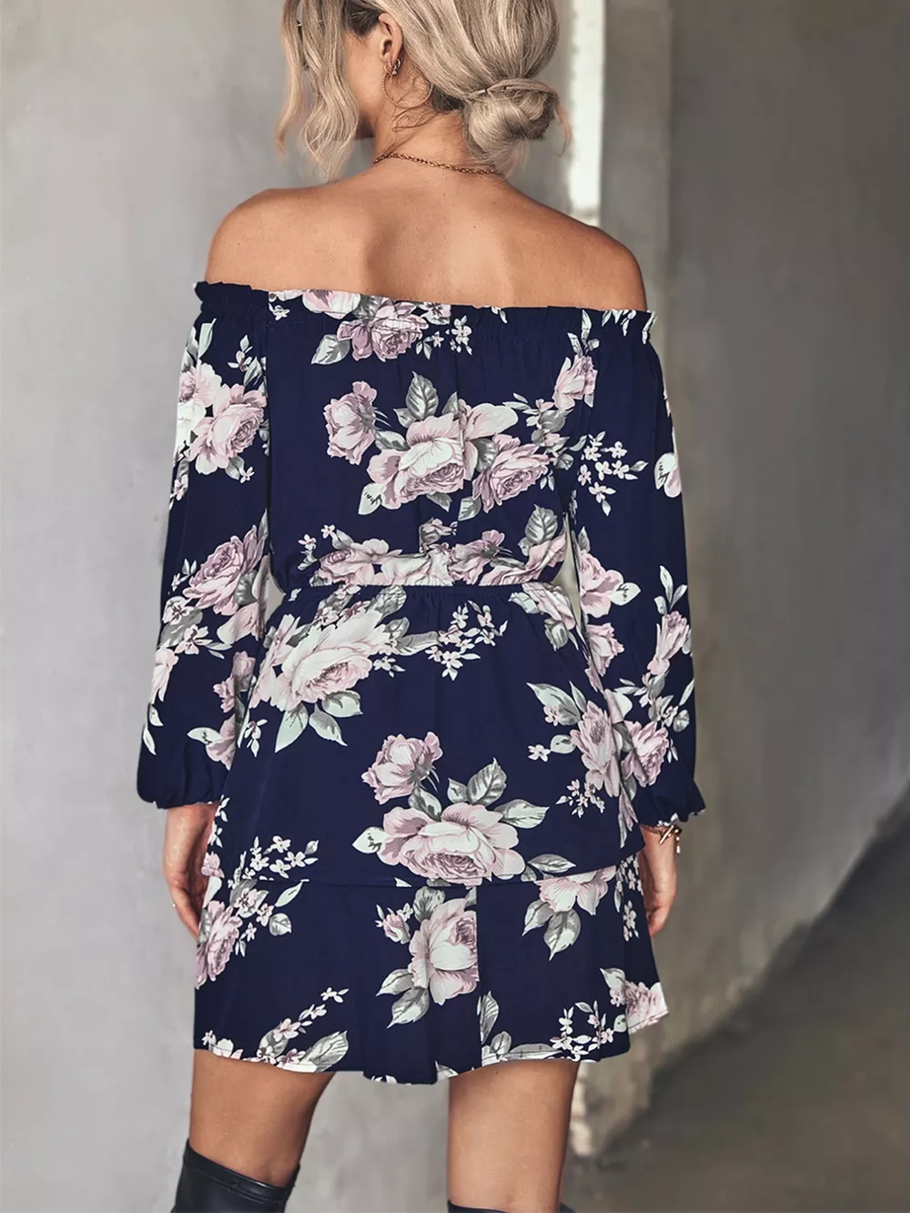 Off-Shoulder Floral Print Long Sleeve Mini Dress, image 4