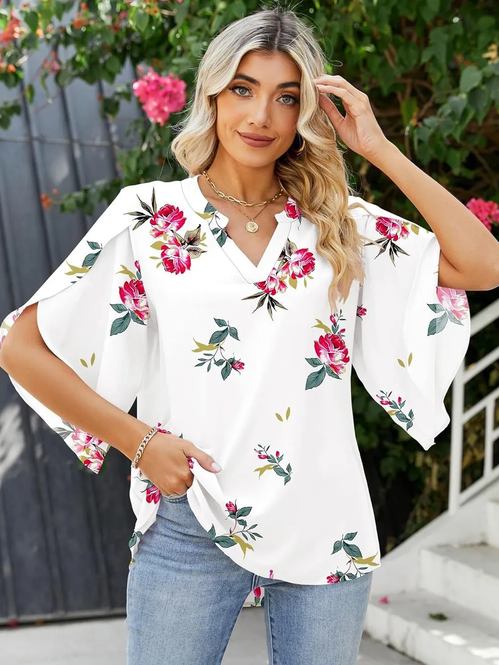 Printed Notched Half Sleeve Blouse, image 12