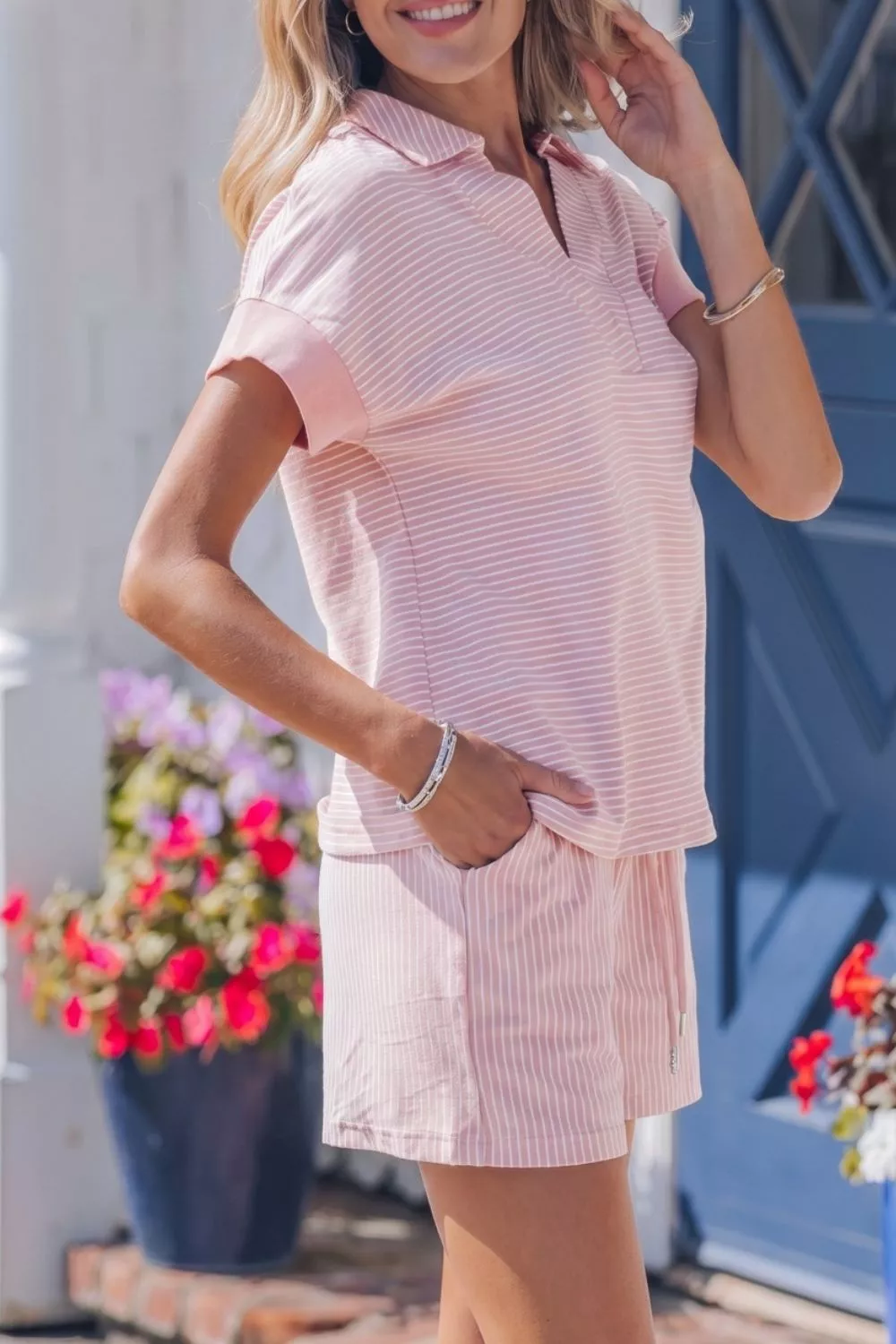 Stripe Dolman Sleeve Polo Shirt and Drawstring Shorts Set, image 5