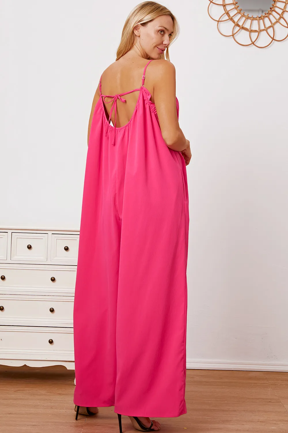 Full Size Ruffle Trim Tie Back Cami Jumpsuit with Pockets, image 7