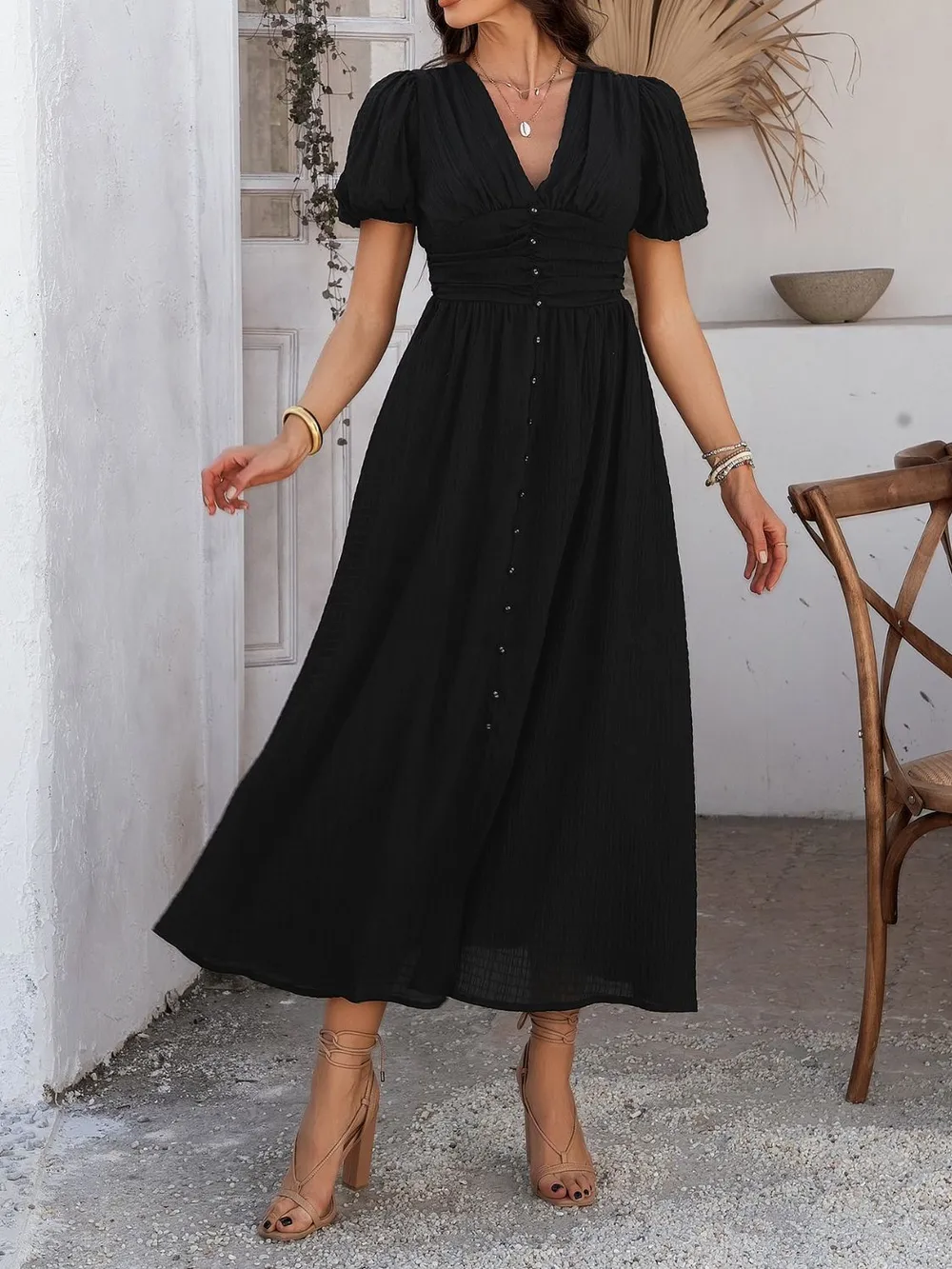 V-Neck Puff Short Sleeve Midi Dress, image 12