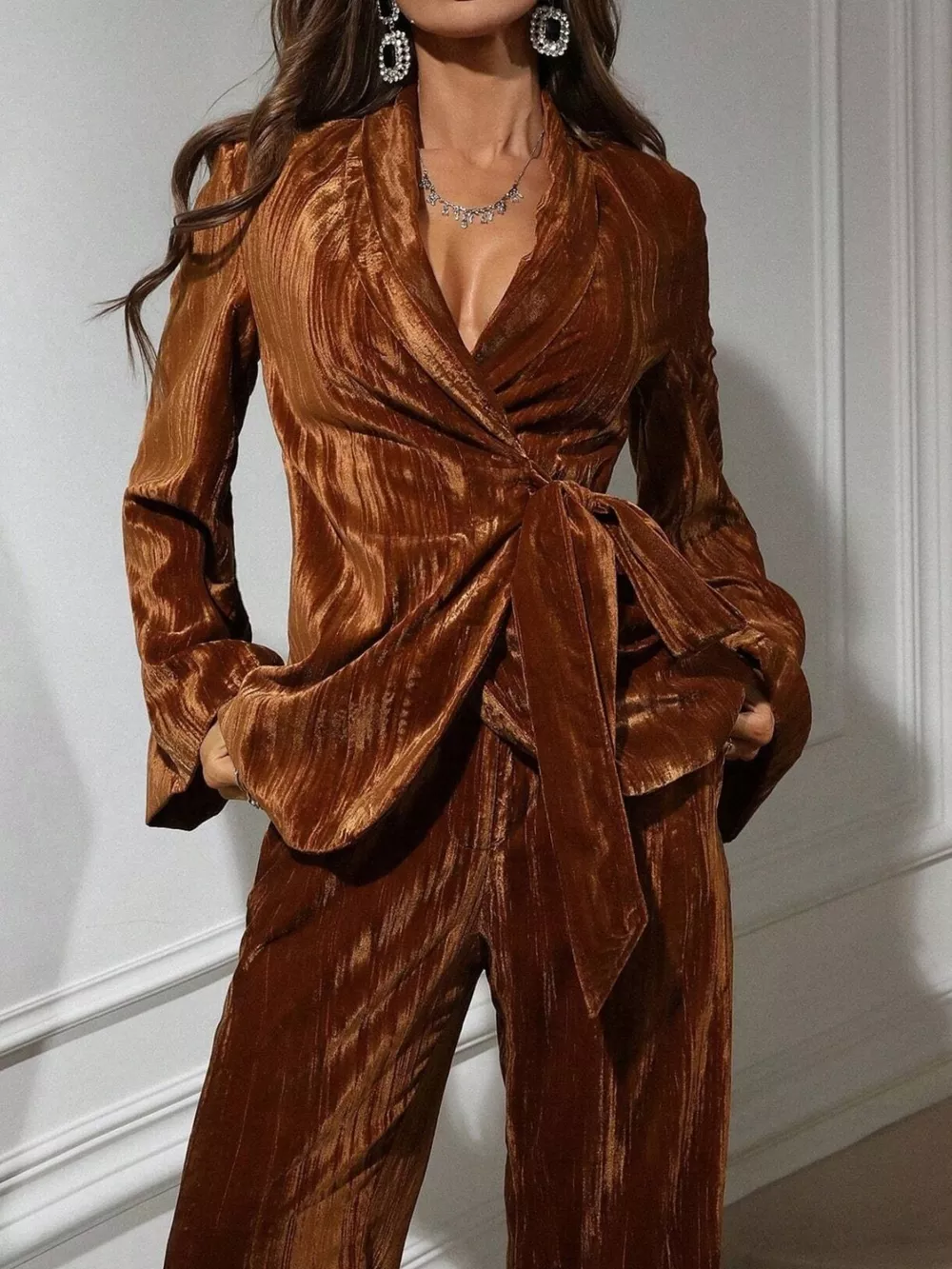 Velvet Tie Waist Blazer and Pants Set, image 5