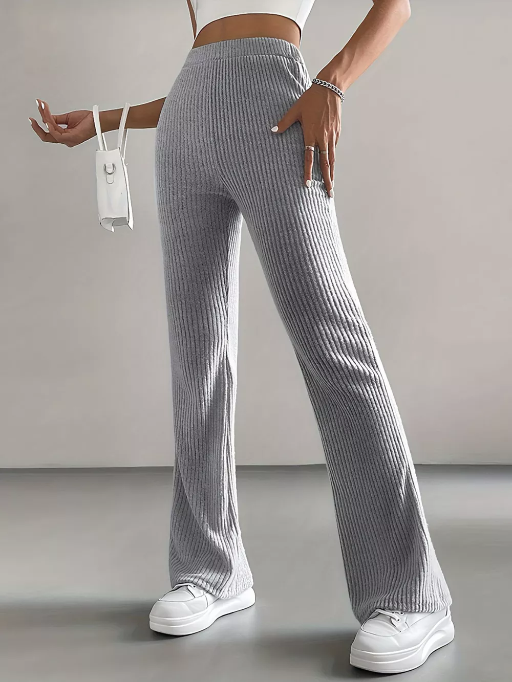 Ribbed Knit High Waist Flare Pants, image 4