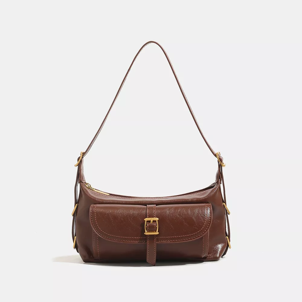 Vintage PU Leather Shoulder Bag with Buckle Detail