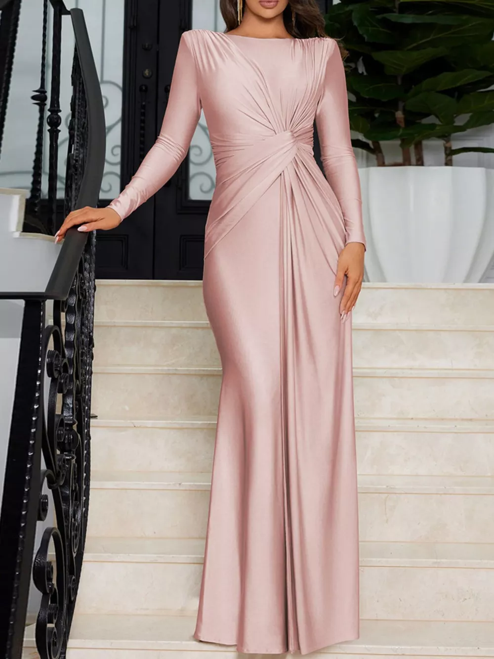 Ruched Knot Front Long Sleeve Maxi Dress, image 15