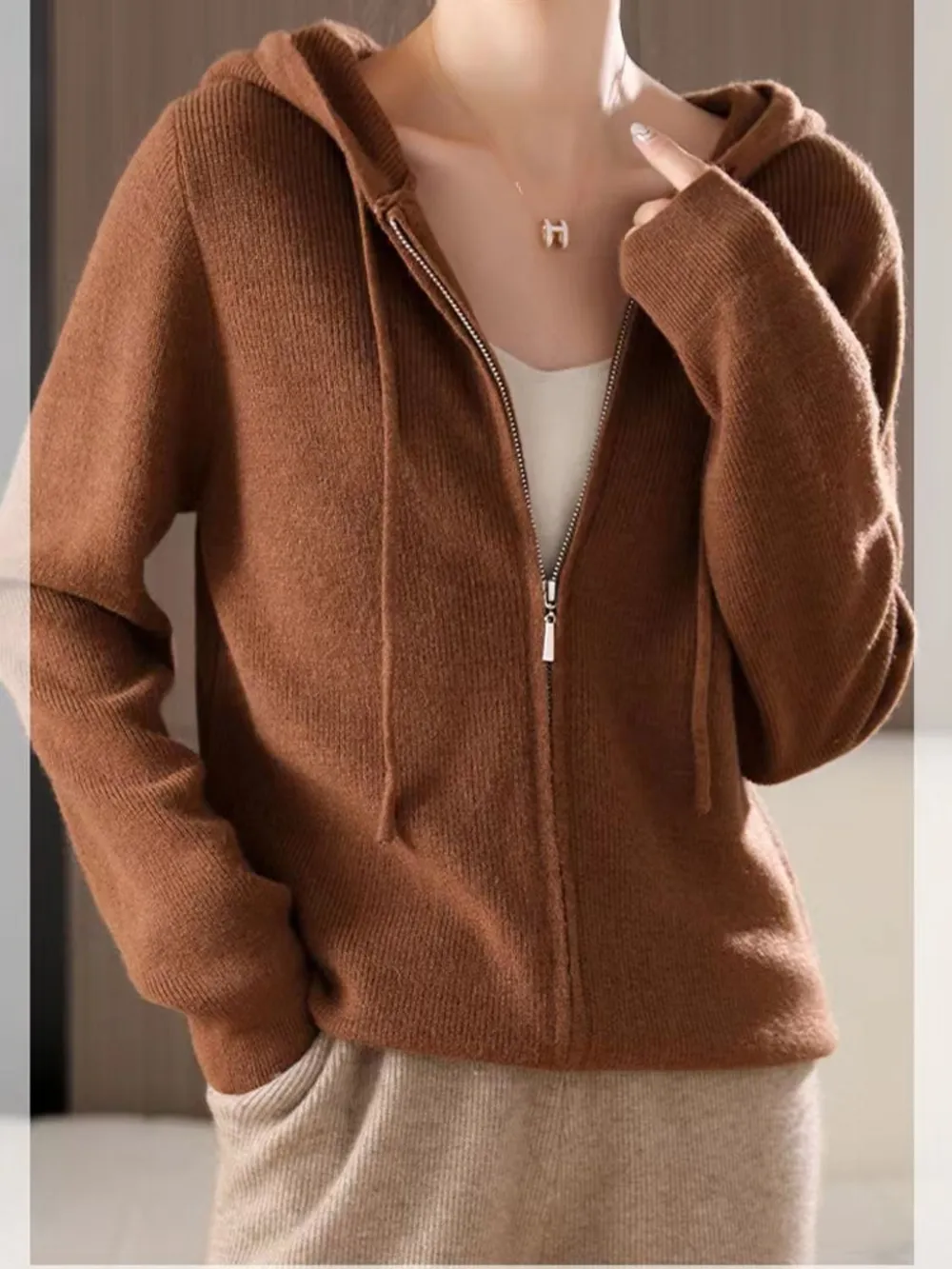 Drawstring Zip Up Long Sleeve Hooded Sweater, image 3