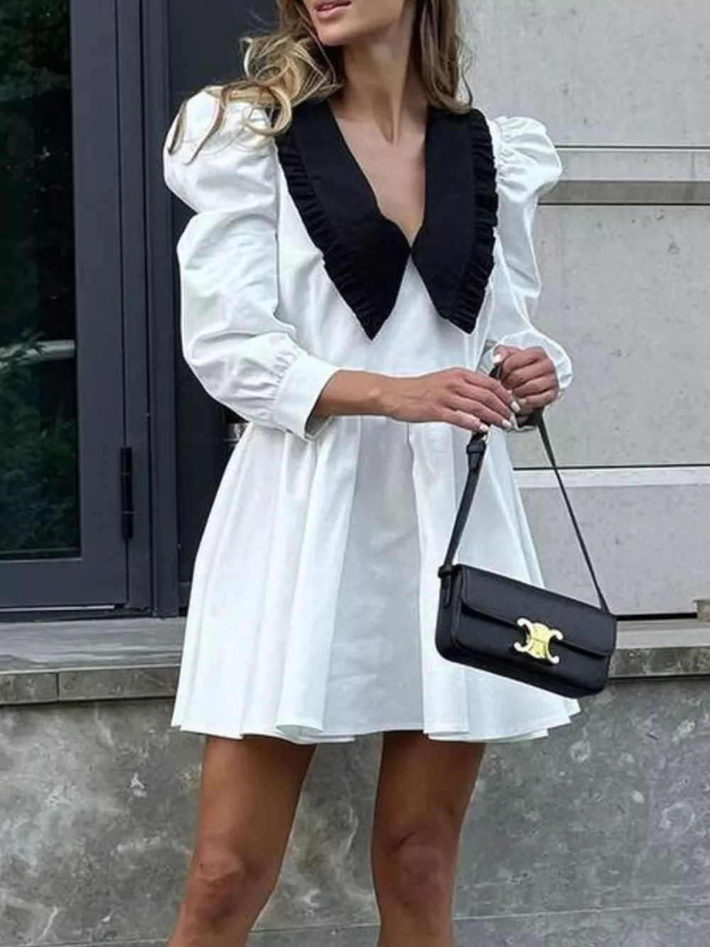 Puff Sleeve Contrast Collar Dress, image 11