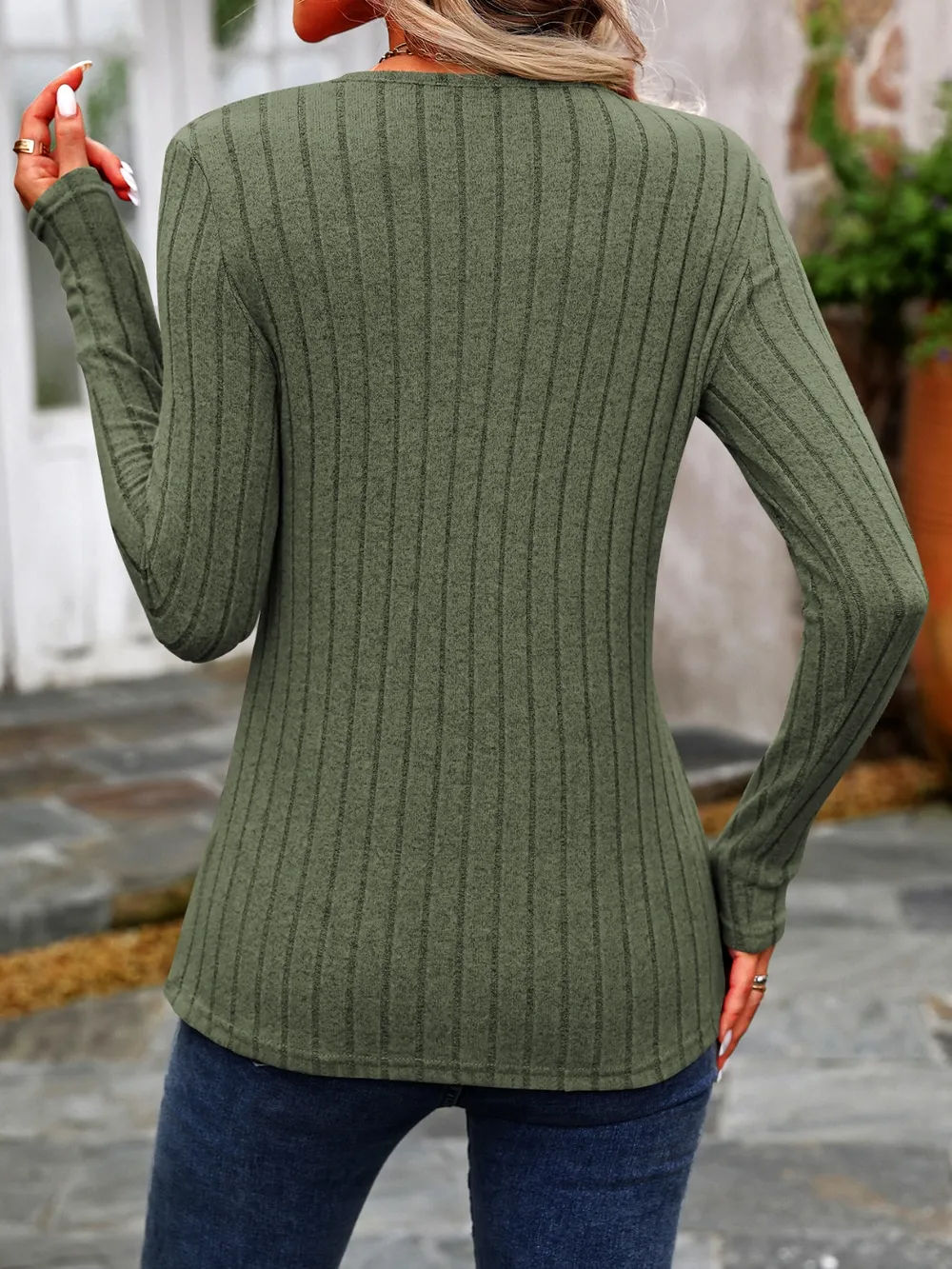 Decorative Button Round Neck Long Sleeve T-Shirt, image 27