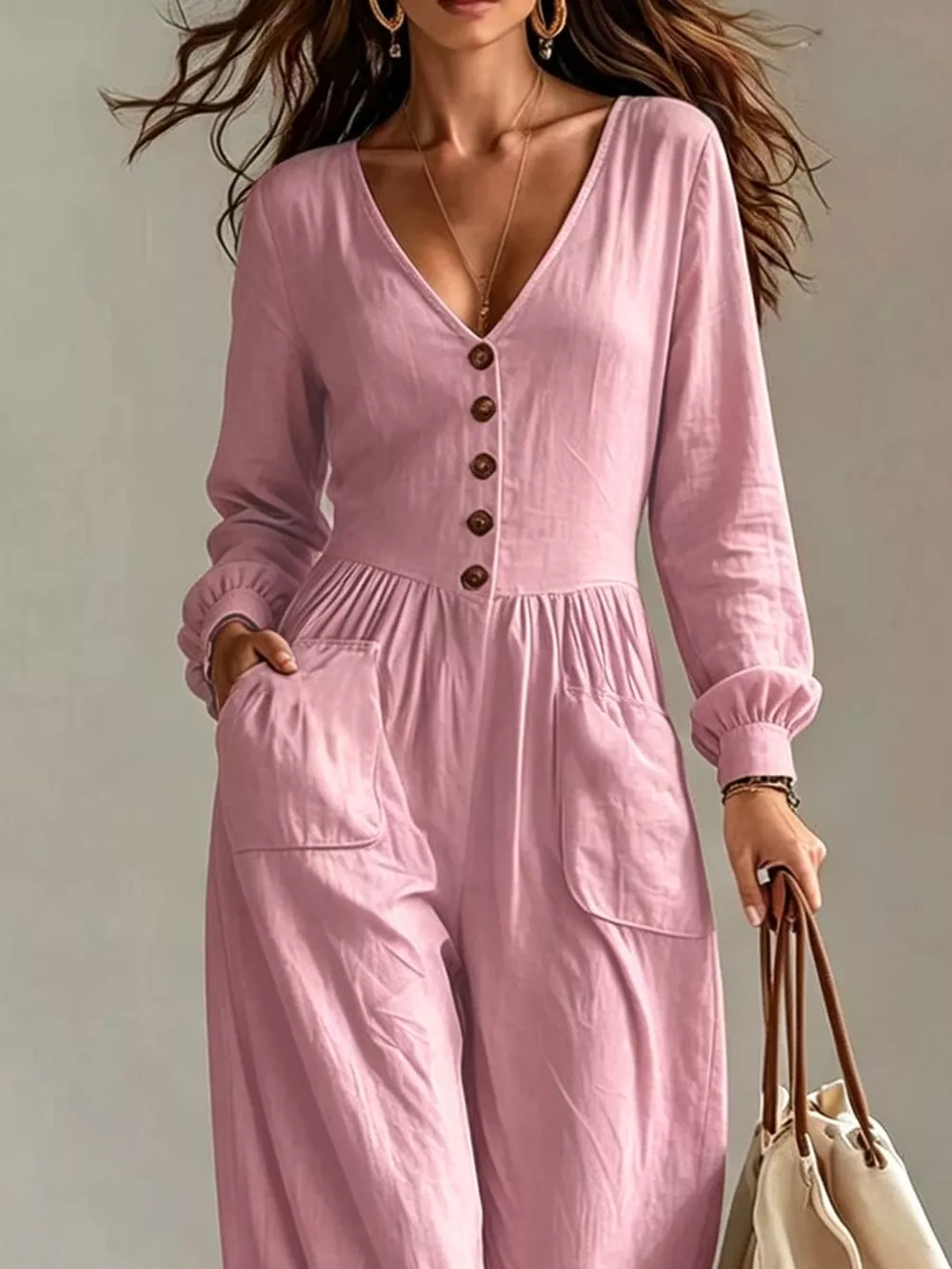 V-Neck Long Sleeve Button-Down Wide Leg Jumpsuit, image 7