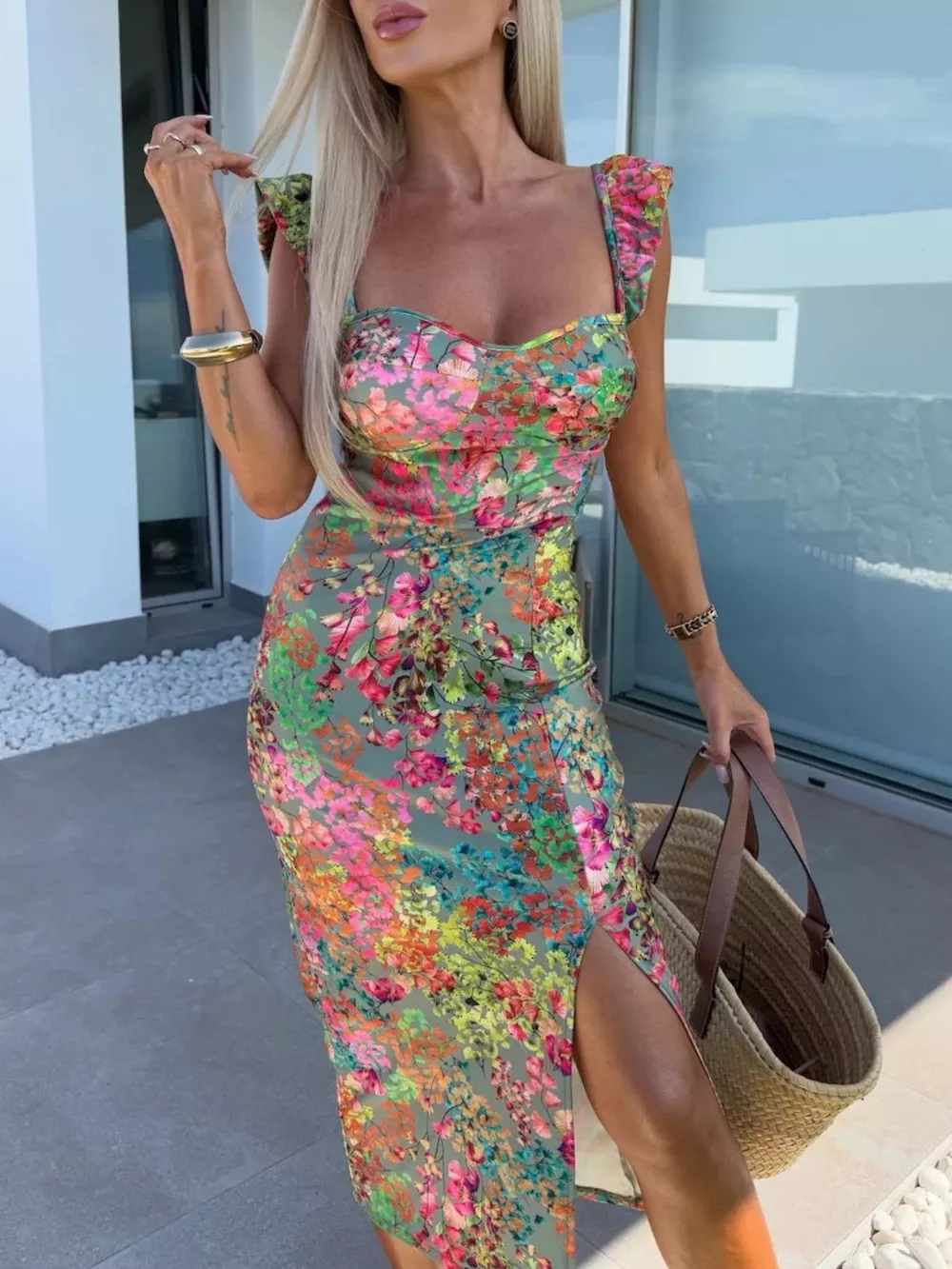Slit Sweetheart Neck Midi Dress