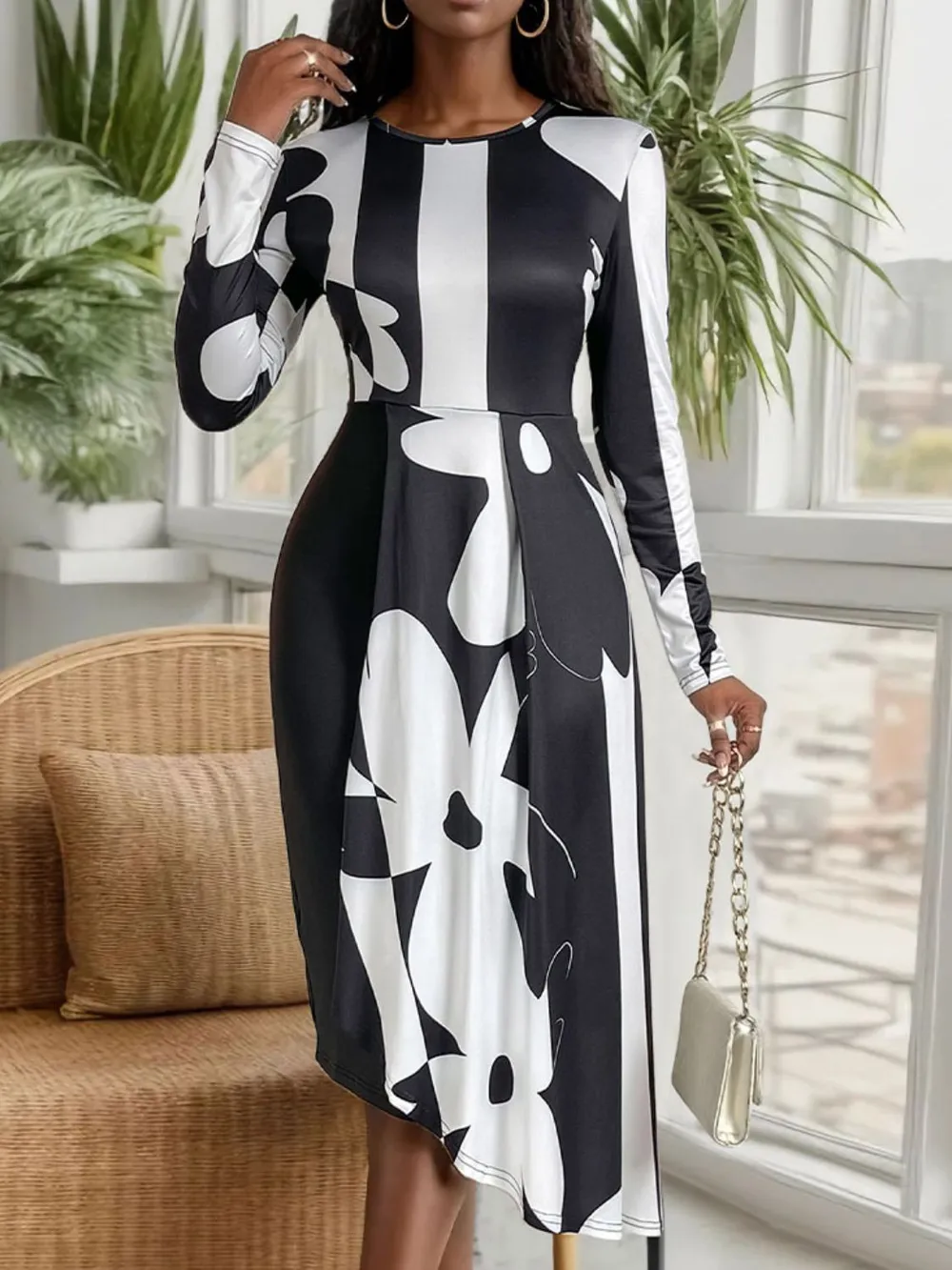 Asymmetrical Slit Round Neck Long Sleeve Midi Dress, image 5