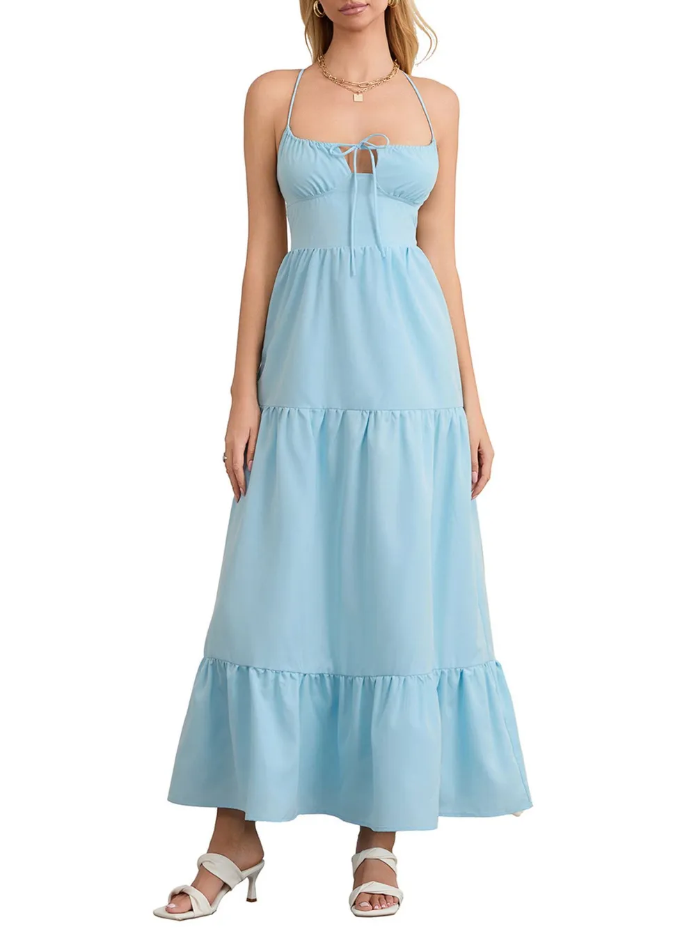Tiered Lace Up Spaghetti Straps Maxi Dress, image 27