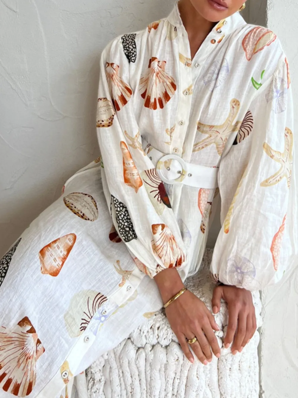 Printed Balloon Sleeve Maxi Shirt Dress, image 3