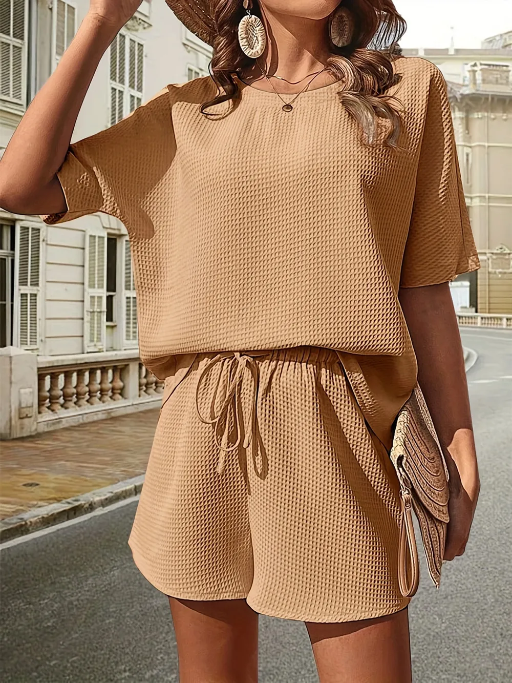 Waffle-Knit Half Sleeve Top and Shorts Set, image 8