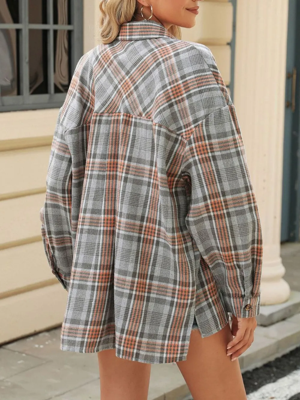 Pocketed Plaid Collared Neck Long Sleeve Shirt, image 3