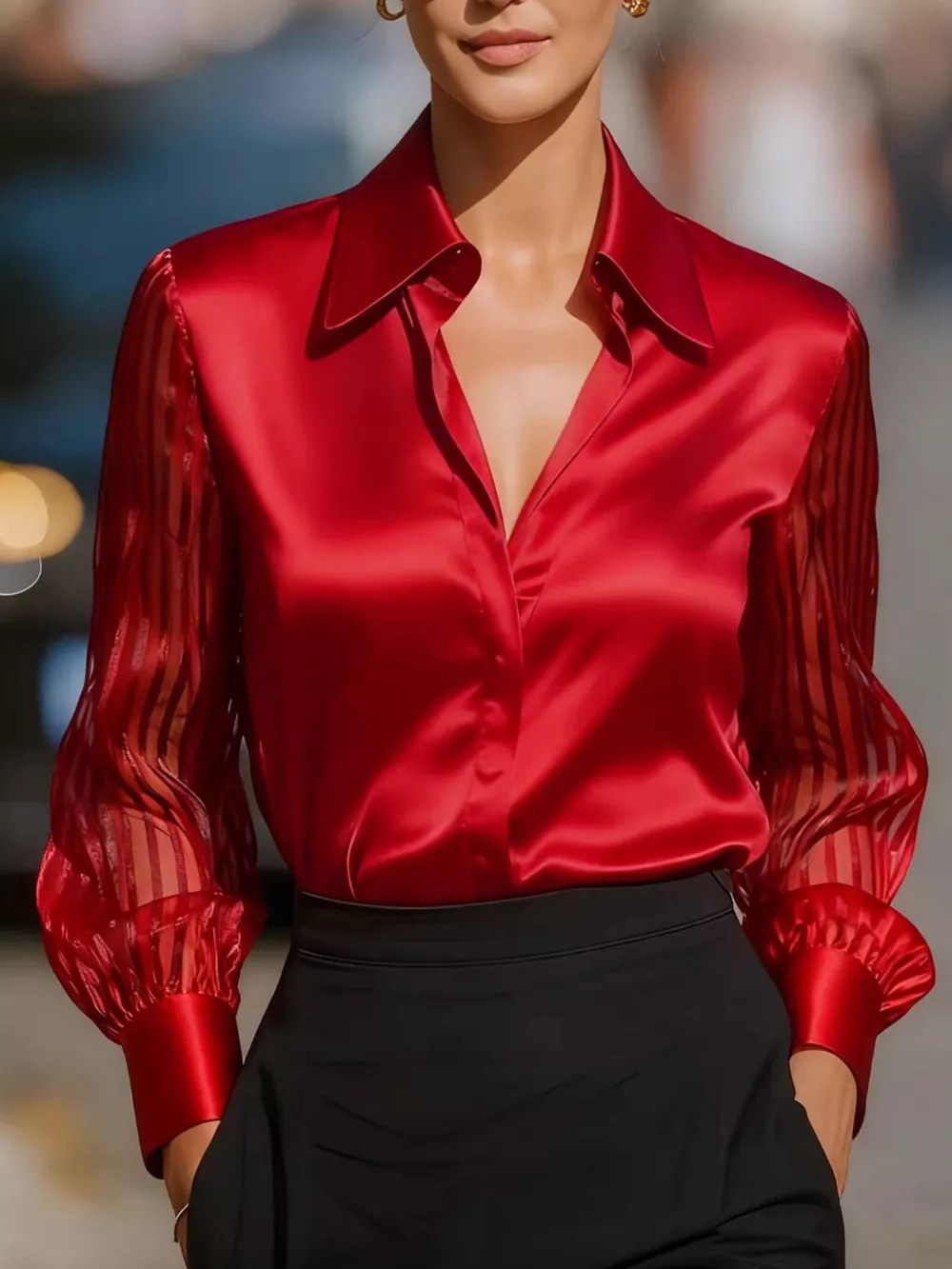Elegant Shirt with Sheer Striped Sleeves, image 3